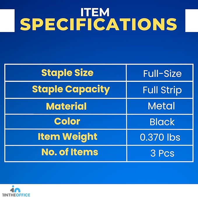 1InTheOffice Office Stapler for Desk, Heavy Duty Desk Stapler, Black, 20 Sheets Capacity, (3 Pack)