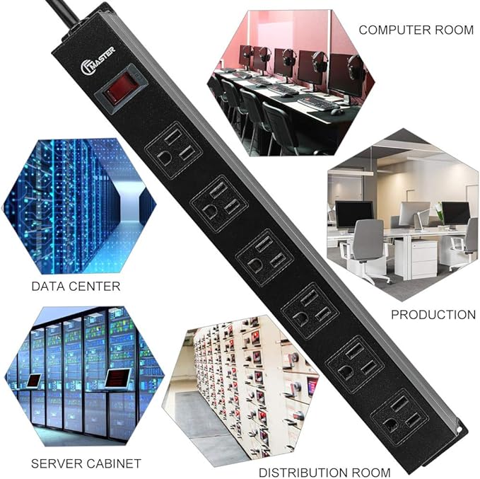 6 Outlet Heavy Duty Power Strip with Long Power Cord,Mountable Power Strip Without Surge Protector for Garage,Industrial,School and Home,15A 125V 1875W,ETL Approved and Listed,Black (8FT)