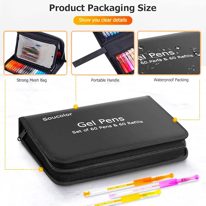 Soucolor Glitter Gel Pens for Adult Coloring Books, Christmas|Birthday Gifts, School Art Supplies,120 Pack-60 Glitter Pens, 60 Refills and Travel Case, 40% More Ink Markers Set for Drawing Journaling