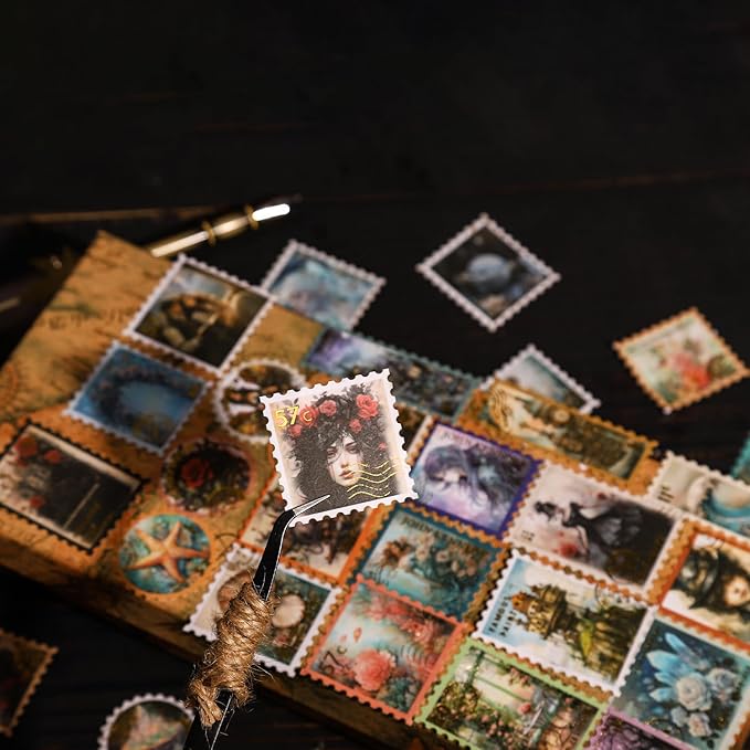 120Pcs Stamp Washi Stickers, Gold Foil Designs for Scrapbooking, DIY Crafts, Vintage Journaling Supplies, Junk Journal Ephemera, Includes Organizer