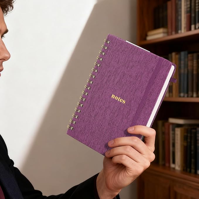 A5 Spiral Notebook – Hardcover Journal 160 Lined Pages 100 GSM Thick Paper With Elastic Band & Pen Holder College Ruled Writing Notebooks for Work School Travel purplish-red