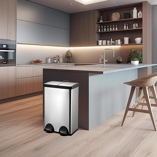 Dual Trash Can, 60 Liter/16 Gallon Dual Bin Trash Can with Lids, Kitchen Trash Can Dual Compartments, Trash and Recycling Bin Combo, Hands-Free Stainless Steel Kitchen Trash Can