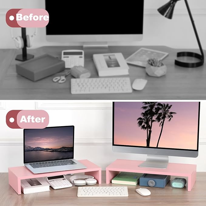 TEAMIX 2 Pack Pink Monitor Riser-20L inch, Cute Monitor Stand for Desk, Wood Sturdy TV/Screen/PC/Printer/Laptop Riser, Computer Shelf with Storage Desktop Organizer for Home Office