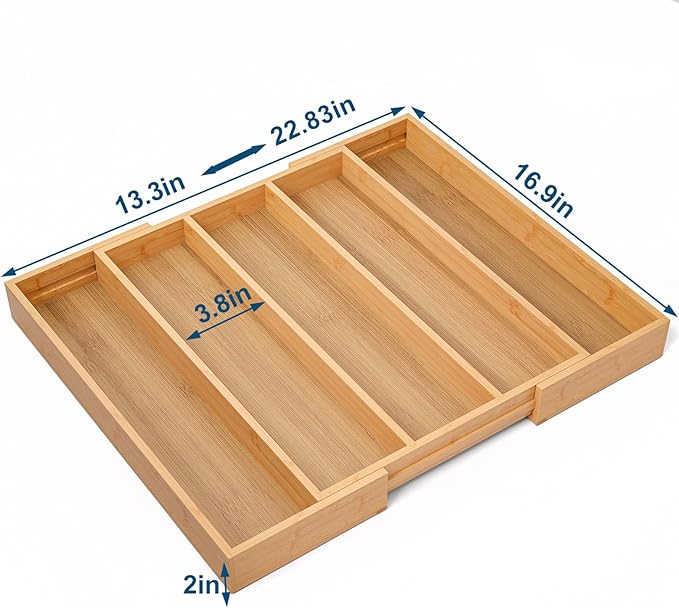 Expandable Kitchen Drawer Organizer,Bamboo Silverware Organizer,Adjustable Flatware Tray for Utensils(16.92 * 13.30~22.83 * 1.96)