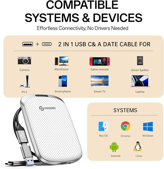 PHIXERO P5PLUS Portable SSD 256GB Up to 550MB/s, USB 3.2 Gen 2 External Solid State Drive,USB C to C&A for Smartphone,Tablet,PC,Labtop (White)