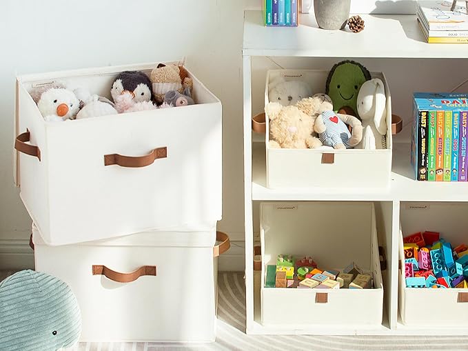 StorageWorks Fabric Storage Bins with Lid, Decorative Storage Boxes for Shelves, Stackable Closet Organizer Basket with Handles, Large, Ivory White, 2-Pack