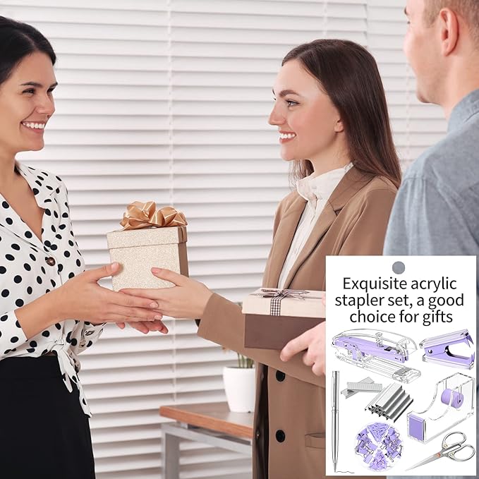 Office Supplies Set Desk Accessory Kit, Acrylic Stapler Set Staple Remover, Tape Dispenser, Binder Clips, Paper Clips, Ballpoint Pen and Scissor with 1000 Pieces 26/6 Staples (Purple)