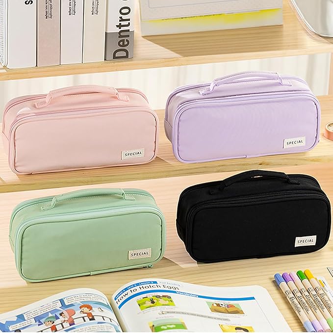 MAMUNU Pencil Case Large Capacity with 3 Compartments, Pencil Case Pouch Bag with Zipper Handle Portable Pen Stationery Organizer for Teen Girls Adults College School Office Travel, Purple