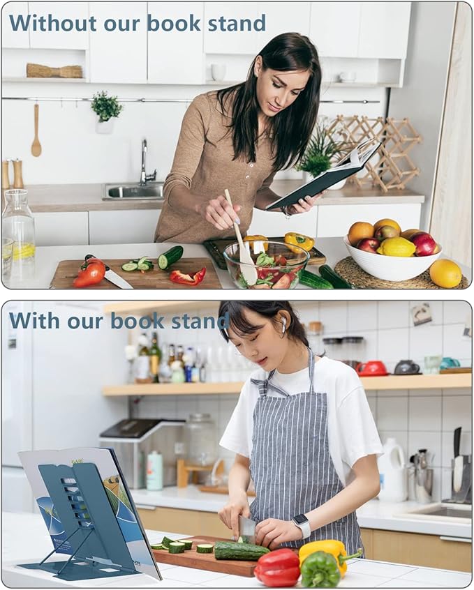 MSDADA Desk Book Stand Holder for Reading, Adjustable Cookbook Stand Metal Reading Stand for Textbooks Recipes Music Books Tablet (Morandi Navy)