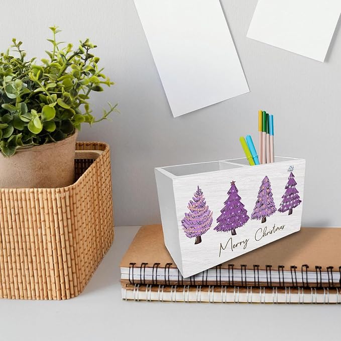 Purple Christmas Tree Pen Holder for Desk, Merry Christmas Holiday Winter Wooden Box Sign Desk Decor for Home Office Decoration, Glitter Xmas Tree Pencil Organizer