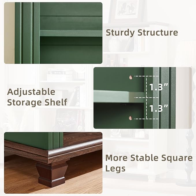 70" Tall Green Bookshelf,5 Tier Wooden Book Shelf with Adjustable Shelves & Wood Legs,Free Standing Farmhouse Bookcase with Open Display Storage,Vintage Bookshelves for Library,Classroom