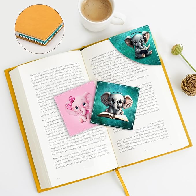 Cute Elephant Corner Bookmarks, Funny Leather Book Accessories for Book Lovers, 3 Pcs Reading Book Page Markers for Women Men Student Teacher Girls Boys Kids Retirement Birthday Gifts
