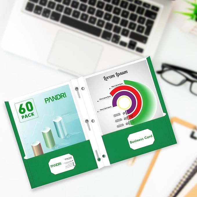 Two Pocket Folders, PANDRI 60 Pack Two Pocket Folders with Prongs, 3 Prong Folders Designed for Office and Classroom, Letter Size Green