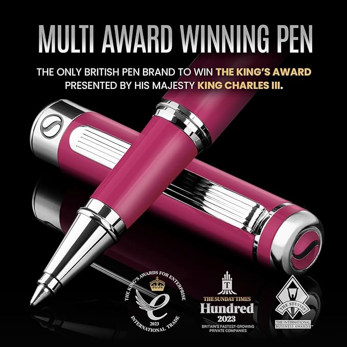 Scriveiner Fuchsia Rollerball Pen - Stunning Luxury Pen With Chrome Finish, Schmidt Ink Refill, Best Roller Ball Gift Set for Men & Women, Professional, Executive Office, Nice Pens
