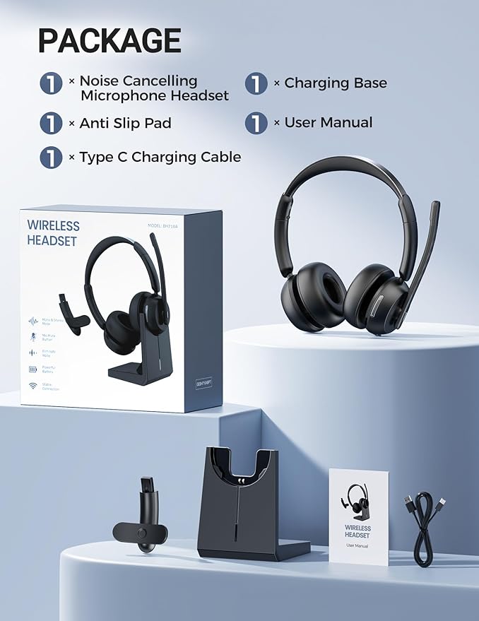 Wireless Headset with Mic for Work, Bluetooth 5.3 Headsets with Microphone and Detachable Earpads, 50H Playtime with Charging Base, Noise Cancelling Headphones for Work with Mic Mute