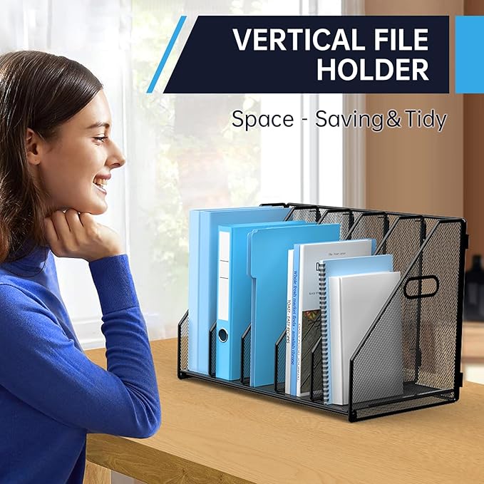 Desk File Organizer Metal Desk Magazine Folder Holder with 5 Vertical Compartments Rack File Organizer for Office, Home, School, Black