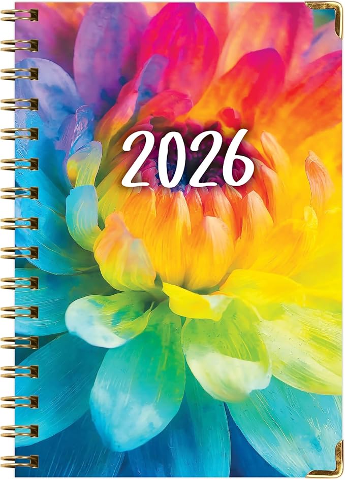 HARDCOVER 2026 Planner, 5.5"x8": 14 Months (November 2025 - December 2026), Daily Weekly Monthly Planner, Yearly Agenda, Bookmark, Pocket Folder and Sticky Note Set (Rainbow Petals)