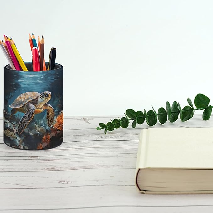 Sea Turtle Pen Holder Pencil Organizer Cute Pencil Cup Desk Decor Makeup Brush Holder PU Multifunctional Office Suppliesfor Home Classroom School