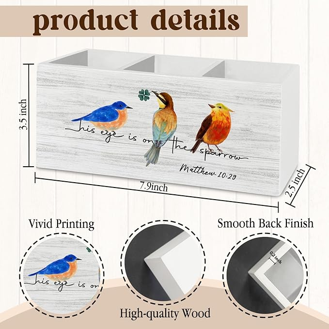 Christian Bird Pen Pencil Holder Organizer for Desk Accessories, Religious Bible Verse Scripture Wooden Box Sign Desk Decor for Home Office Decoration, Bird Lover Gifts