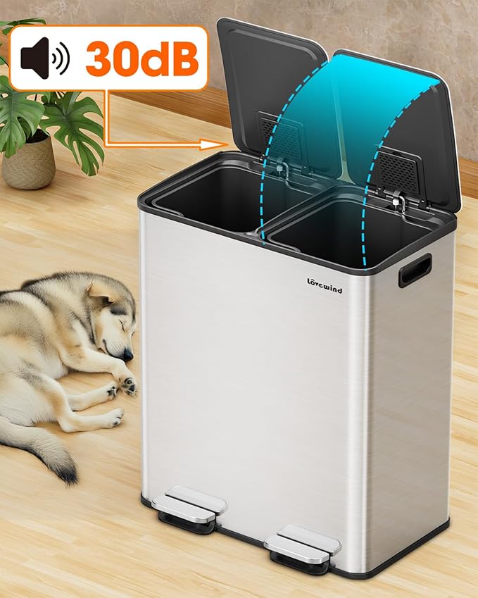 Lovewind Kitchen Trash Can, 2 x 8 Gallon (2 x 30 L) Stainless Steel Trash and Recycle Bin Combo with Soft-Close Lid, Dual Compartment Recycling Kitchen Step Trash Bin, Silver