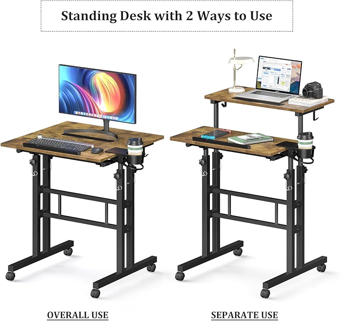Small Standing Desk with Wheels, Mobile Stand Up Desk, Portable Standing Table on Wheels for Walking Pad, Rolling Computer Desk Adjustable Height, Tall Table
