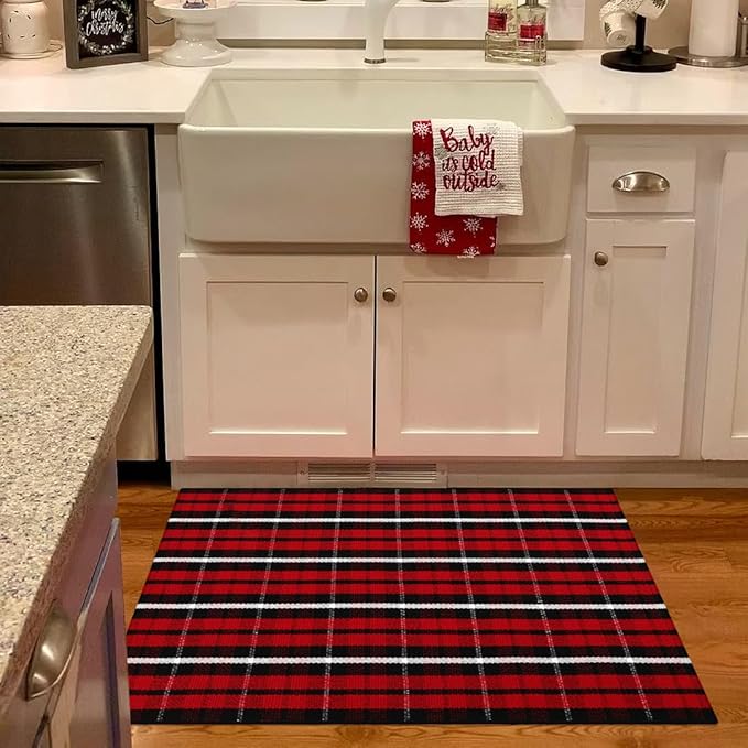 KIMODE Christmas Door Mat Outdoor 24"X35",Red/Black Buffalo Plaid Rug,Washable Cotton Hand-Woven Layered Door Mats,Reversible Outdoor Christmas Decor for Front Porch,Entryway,Kitchen