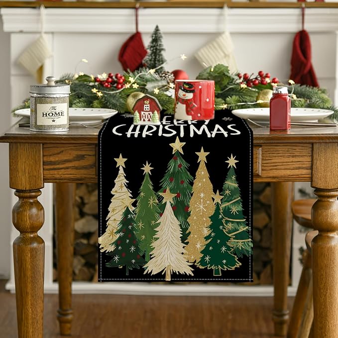 Artoid Mode Xmas Trees Snowflakes Black Merry Christmas Table Runner, Winter Seasonal Kitchen Dining Table Decoration for Home Party Decor 13x108 Inch
