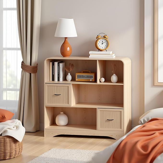 6 Cube Storage Organizer, 48" Wide Cube Storage Organizer w/Adjustable 2 Bins Storage, Modern Wooden Bookshelves and Bookcase w/Drawers, Large Bookshelf w/Open Display Shelves for Living Room, Oak