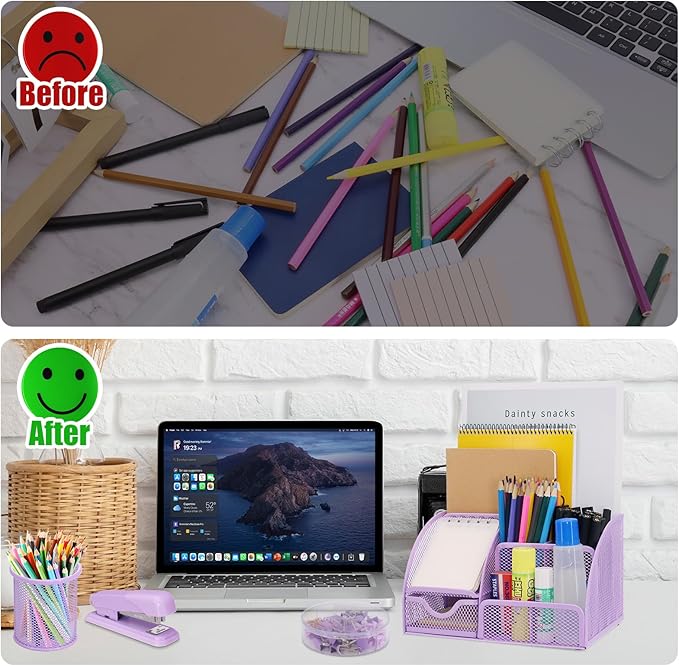 SYMDROMIA 13-in-1 Office Desk Organizer Set with Stapler and Tape Dispenser, Pen Holder, Scissors, Ruler, Hole Punch, 2 Pens & More Desktop Accessories for Back to School Supplies (Purple)
