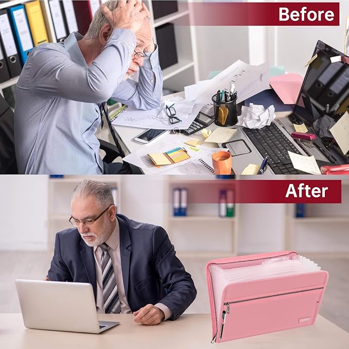 ENGPOW Accordion File Organizer,Fireproof 13 Pockets Expanding File Folder,Document Organizer Folder with Zipper&Labels,Portable Home Travel Safe Storage for Letter A4 Files and More,Pink