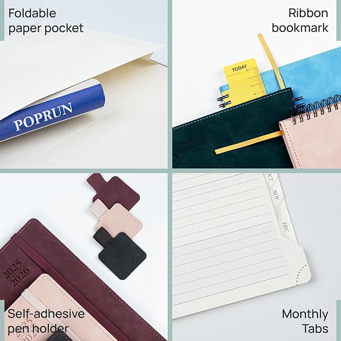 POPRUN Planner 2025-2026 Weekly Notebook (Medium 6.5''x 8.5'') Academic Calendar (JUL.25 - JUN.26) Appointment Book with Monthly Tabs, Leather Soft Cover, Inner Pocket, 100 GSM - Lilac