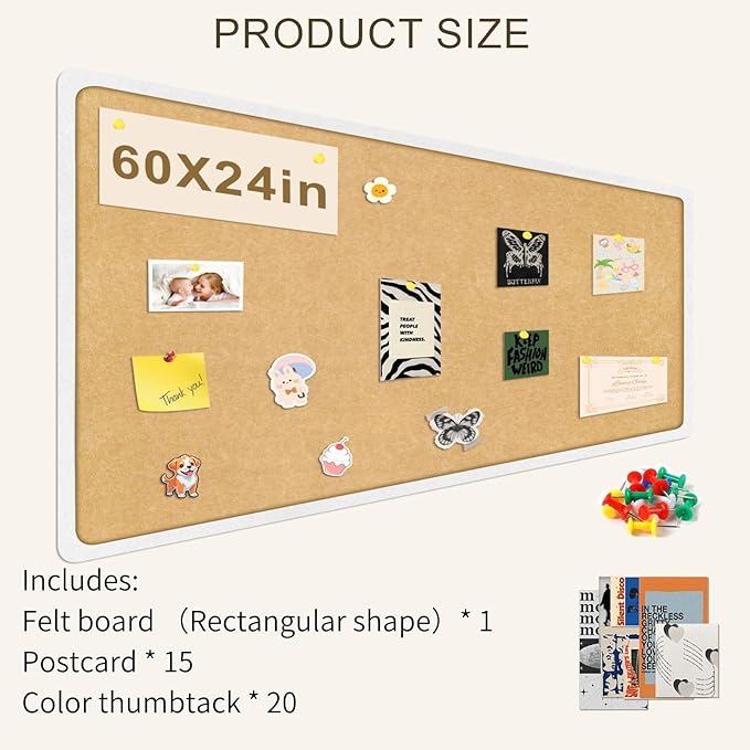 Bulletin Board, 60 x 24 in Felt Pin Board - Cork Board Alternative for Wall, Foldable Picture Self-Adhesive Vision Prayer Board with 20 Pushpins 10 Cards - Lightweight Home/Office Décor