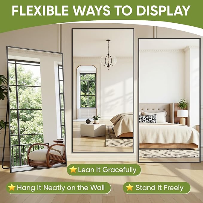 Full-Length Floor Mirror with Stand, 71"x28" Rectangle Style Full Body Standing Mirror for Bedroom, Living Room, Gym, Dorm - Shatter-Resistant & Easy Assembly, Black