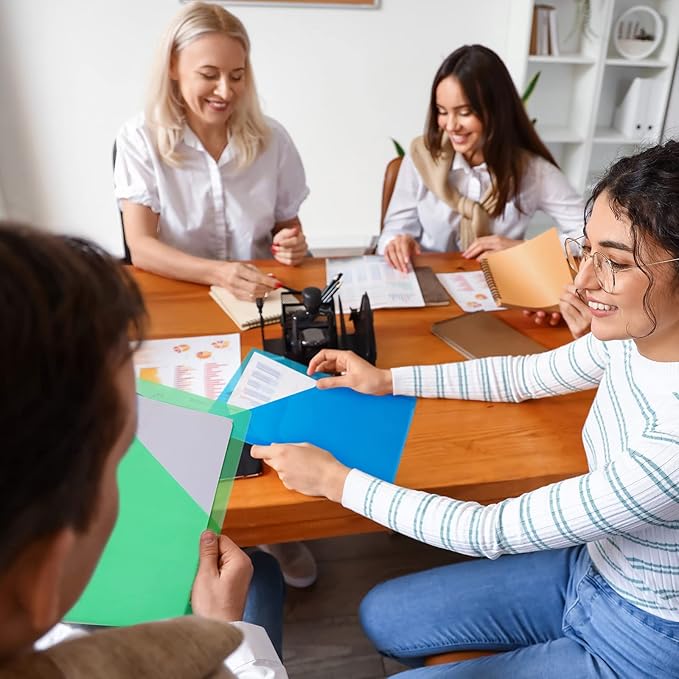 Maitys 50 Pack Binder Pockets 3 Hole Punch Clear Plastic Document Folders Binder Organizer Store Letter Size 8.5x11 Inch Paper Folders with Pockets Slash File Jacket for Office (Fresh Color)