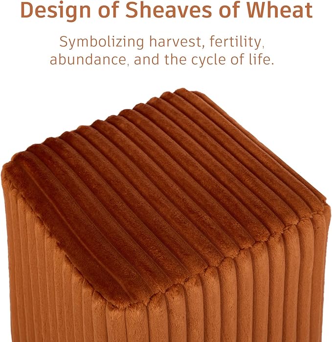 Modern Square Ottoman, Vertical Channel Tufted Foot Stool Ottoman, Velvet Upholstered Vanity Stool for Makeup, Bedroom, Living Room, Dark Orange