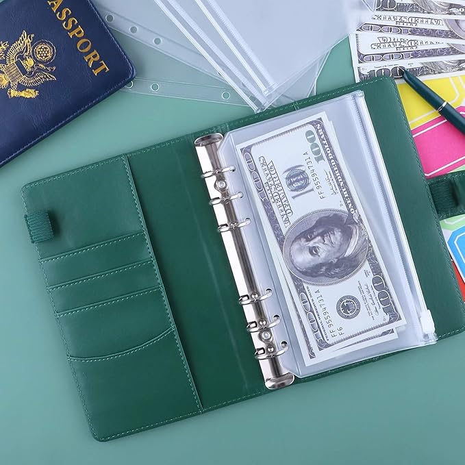 Antner A6 Budget Binder with Zipper Cash Envelopes for Money Organizer & Budgeting, PU Budget Planner Money Saving Binder with Cash Stuffing Envelopes & Labels for Home Office Travel, Dark Green