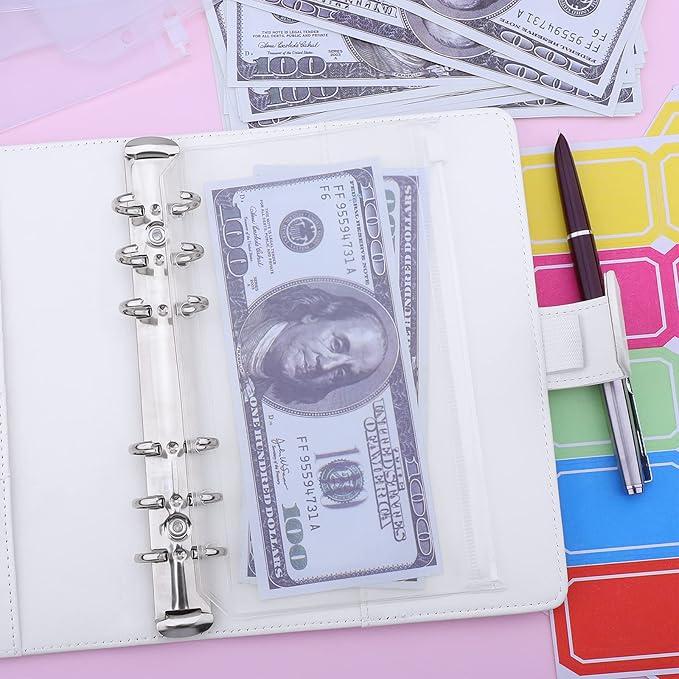 Antner A6 Budget Binder with Zipper Cash Envelopes for Money Organizer & Budgeting, PU Leather Budget Planner Money Saving Binder with Cash Stuffing Envelopes & Labels for Home Office Travel, White