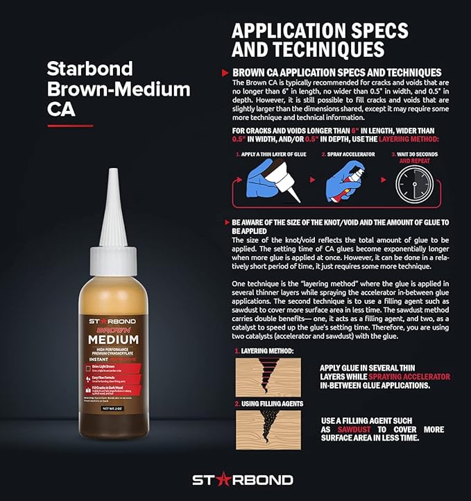 Premium Grade Cyanoacrylate (CA) Super Glue by STARBOND - 16 OZ Complete Refill KIT (453-gram) - Light Brown Medium Crack Filler 150 CPS Viscosity Adhesive for Woodworking, Woodturning, Carpentry