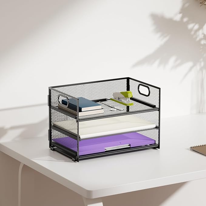 Marbrasse 3 Tier Paper Organizer Letter Tray, Mesh File Organizer with Handle, Paper Sorter Desk Organizer for Home Office Supplies - 2p