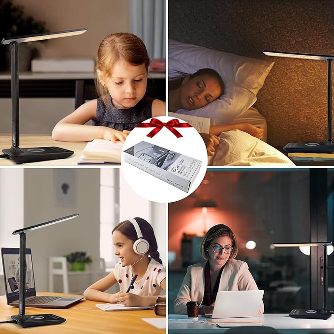 Desk Lamp with Wireless Charger,USB Charging Port, Dimmable Office Desk Light with Clock, Alarm, Date, Temperature, Foldable Lamp for Table Bedroom Bedside Office (Black Pro, Standard Size-13.3 inch)