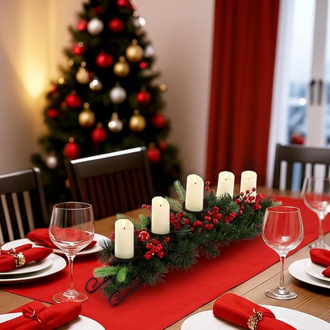 Yungyan Christmas Tabletop Centerpiece 30 Inch, Includes 5 Battery Operated LED Candle Holders, Norfolk Branch, Red Berries, Red Balls and Base, Christmas Artificial Dinner Table Decorations