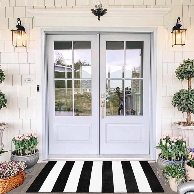 Collive Black and White Outdoor Striped Rug 27.5"x 43", Washable Front Porch Rug Layered Christmas Door Mats, Cotton Woven Farmhouse Christmas Decor for Welcome Mat Kitchen Entryway