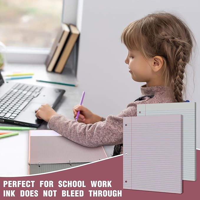 PerKoop 600 Sheets Colored Loose Leaf Paper 8.5" x 11" college ruled Lined 3 Hole Punched notebook Filler Paper for 3 Ring Binders Office School Supplies (Sweet Color)