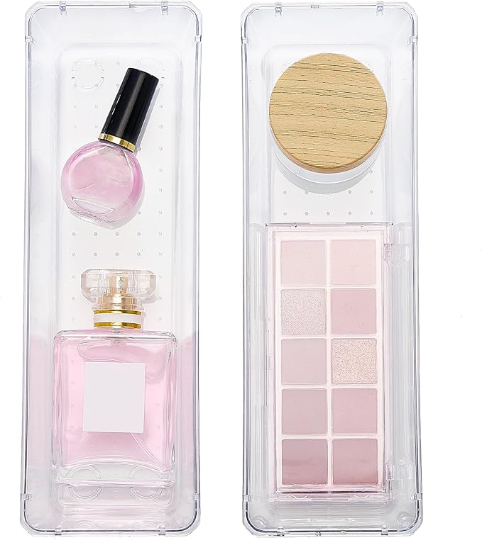 HOUSE DAY Desk Drawer Organizer Bins 8 PCS, 9*3*2" Clear Drawer Organizers with Silicone Pads, Vanity Organizers and Storage, Non Slip Plastic Drawer Organizer for Makeup, Bathroom, Kitchen, Office