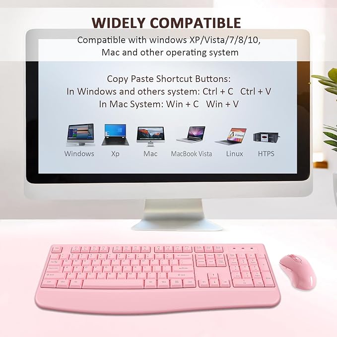 Wireless Keyboard and Mouse Combo, Full-Sized 2.4GHz Wireless Keyboard with Comfortable Palm Rest and Optical Mouse for Windows, Mac OS PC/Desktops/Computer/Laptops (Full Pink)