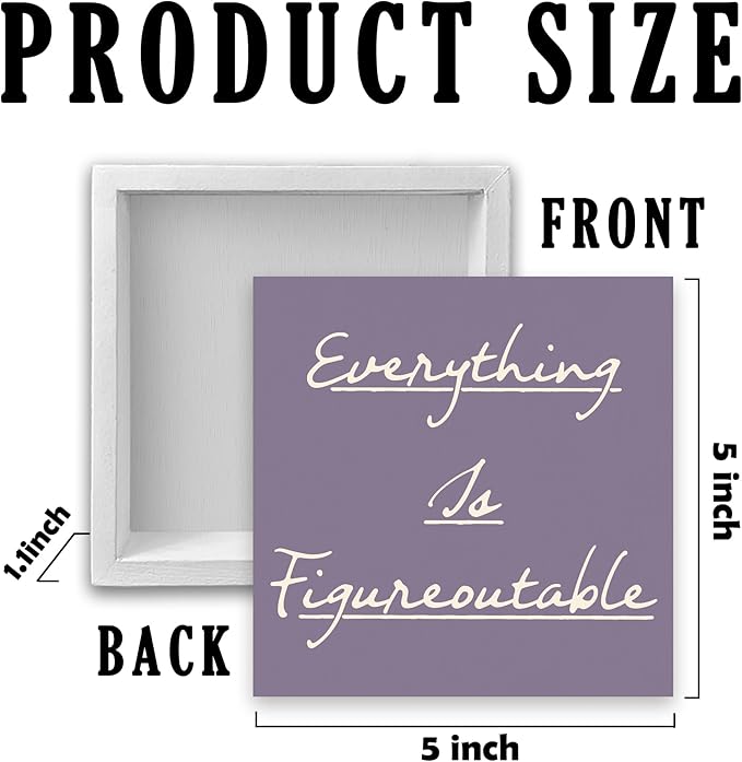 Inspirational Purple Office Decor, Every Thing is Figure Outable Motivational Office Accessories Wooden Box Sign, Positive Gifts for Women, Men Wall Desk Shelf Tabletop Decoration 5x5In