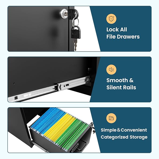 MIIIKO 2 Drawer Filing Cabinet with Lock, Metal Vertical File Cabinets for Home Office, Lockable File Storage Cabinets Under Desk, Letter/A4 File Folders Storage(Assembly Required)