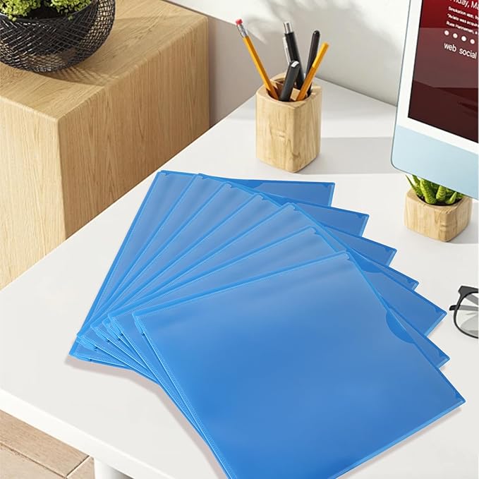 Pastel Plastic File Folders with Pockets and Prongs, 7 Pack, A4 Letter Size, Heavy Duty Waterproof Office Folders with Clear Front Cover for School, Home, and Office (Bright Blue)