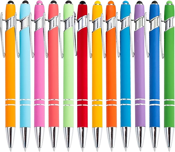 PASISIBICK 12 Pieces Rainbow Rubberized Soft Touch Ballpoint Pen with Stylus Tip, Stylish, Premium Metal Pen, Black Ink, Medium Point(Pack of 12)
