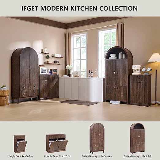 Modern Tilt-Out Trash Can Cabinet, 10 Gallon Fluted Laundry Hamper Cabinet with Drawers, Wooden Hidden Garbage Can Cabinets with Storage Basket, Free Standing for Kitchen and Living Room,Brown